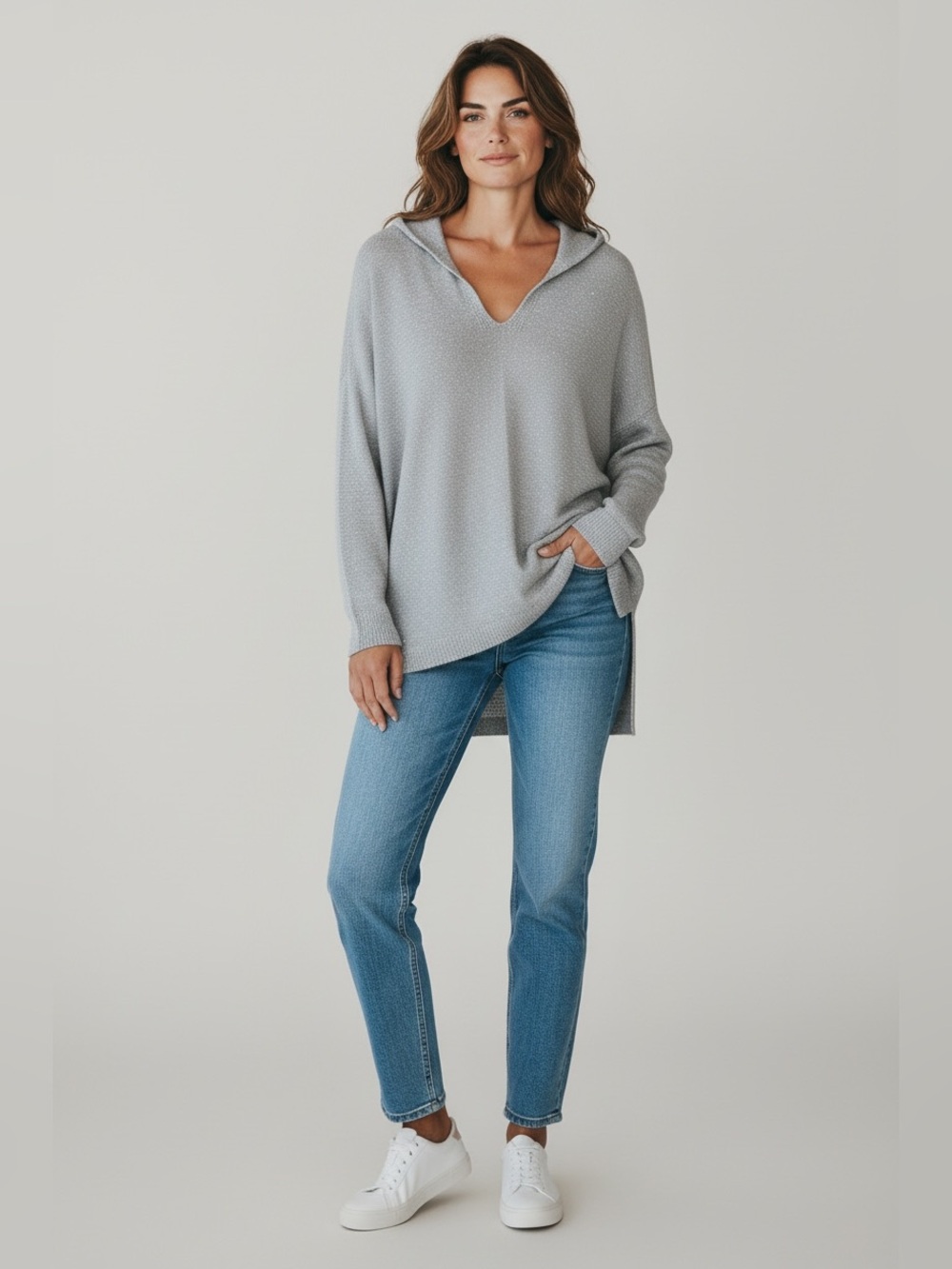 Sioni Silver Gray Sparkly Knit V-Neck Hooded Sweater large